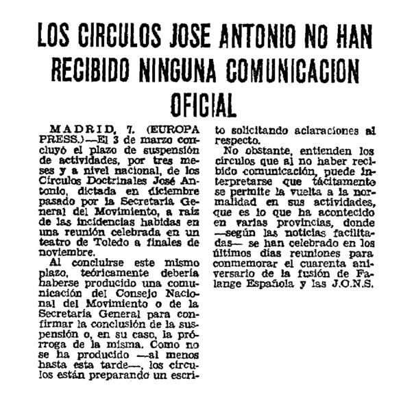 Los C Rculos Jos Antonio No Han Recibido Ninguna Comunicaci N Oficial