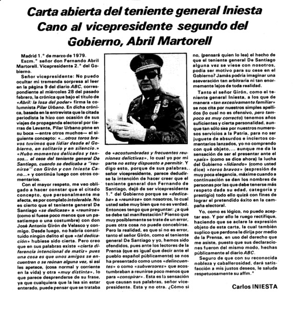 Carta abierta del teniente general Iniesta Cano al vicepresidente