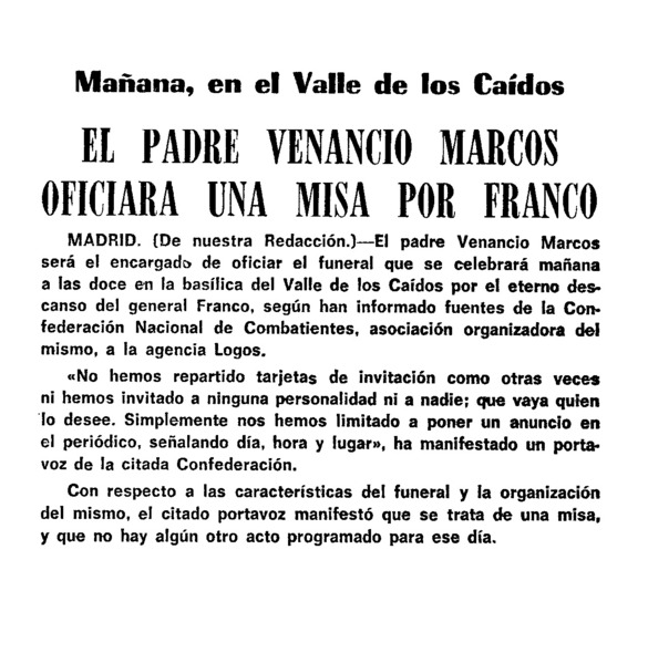 El Padre Venancio Marcos oficiará una misa por Franco - Archivo Linz de la  Transición española | Fundación Juan March