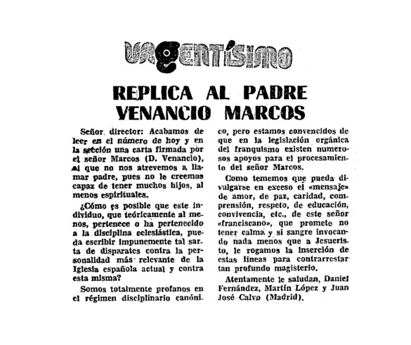 Réplica al padre Venancio Marcos - Archivo Linz de la Transición española |  Fundación Juan March