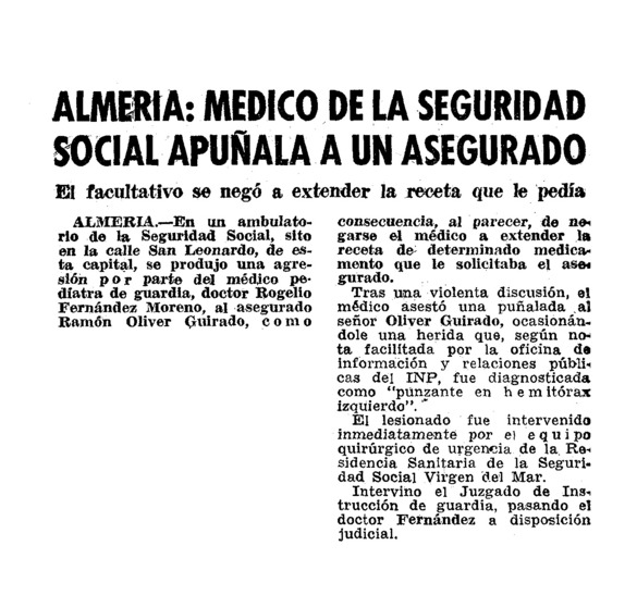 Almería: medico de la seguridad social apuñala a un asegurado - Archivo  Linz de la Transición española | Fundación Juan March