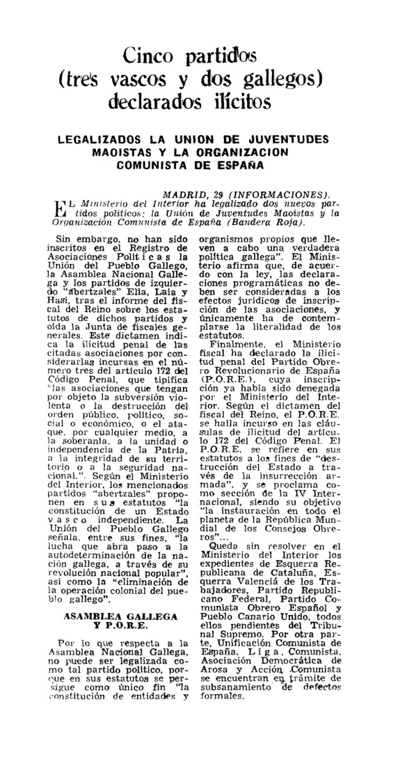 Cinco partidos (tres vascos dos gallegos) declarados ilícitos - Archivo Linz de la Transición española | Fundación Juan March